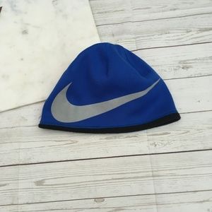 nike boys blue beanie hat silver swoosh fleece lin
